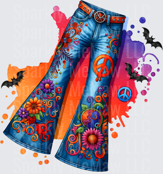 Hippie Bell Bottom Jeans with Peace Signs and Colorful Flowers DTF Transfer for Fabric