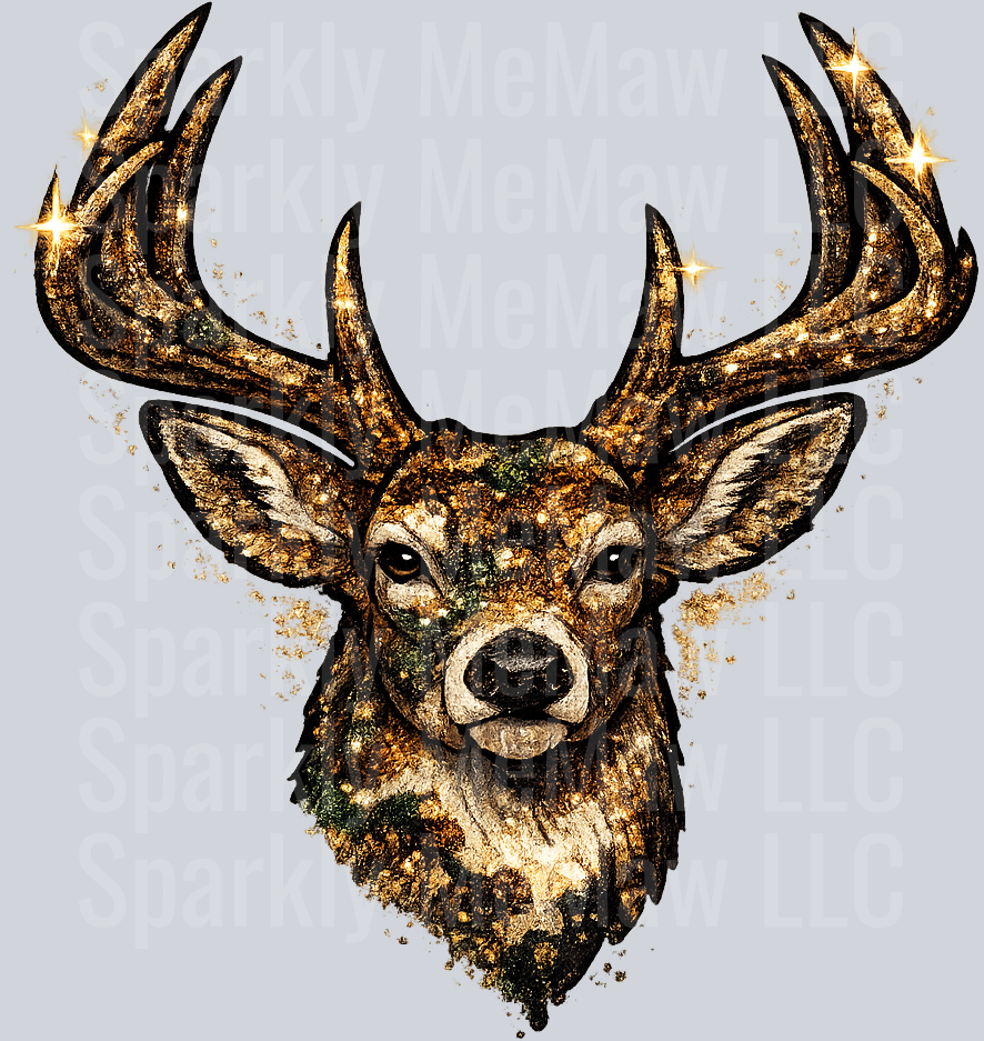Majestic Deer Head with Golden Glitter Antlers UV DTF Decal