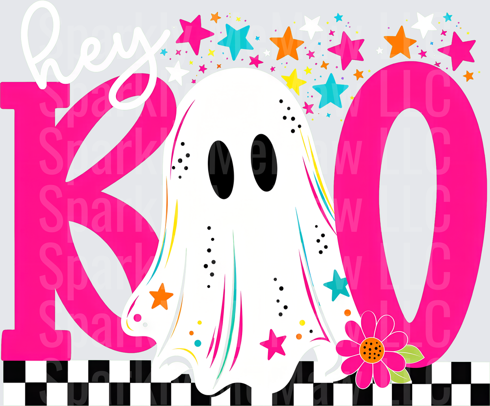 Groovy Boo Ghost UV DTF Decal with Hot Pink Letters Colorful Stars and Checkered Border