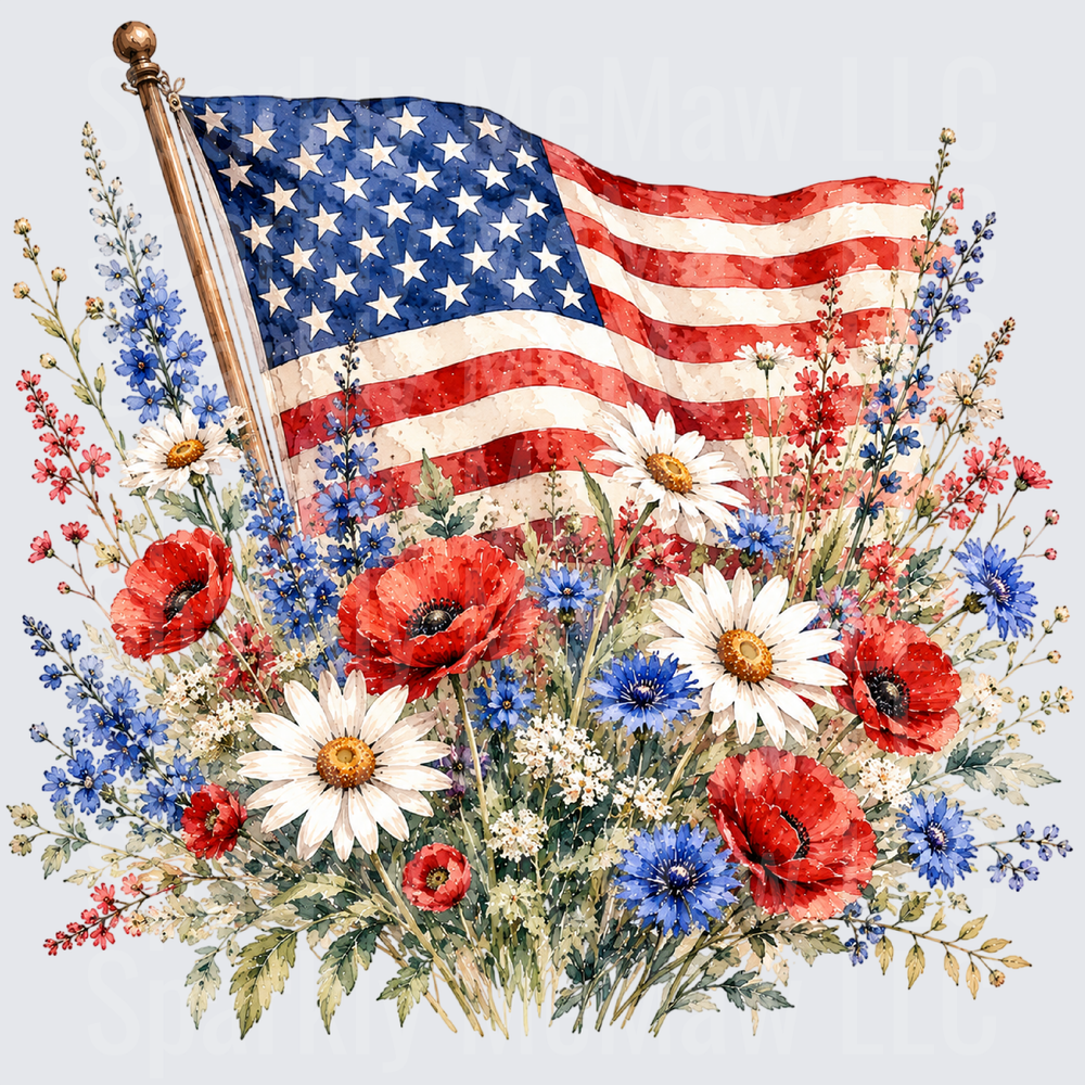 American Flag with Red White Blue Wildflower Bouquet Watercolor UV DTF Decal