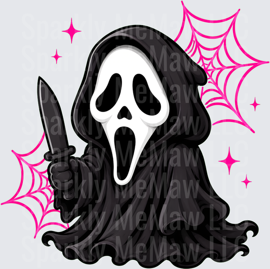 Cute Ghostface Scream Chibi with Knife Pink Spider Webs and Sparkles DTF Transfer for Fabrics