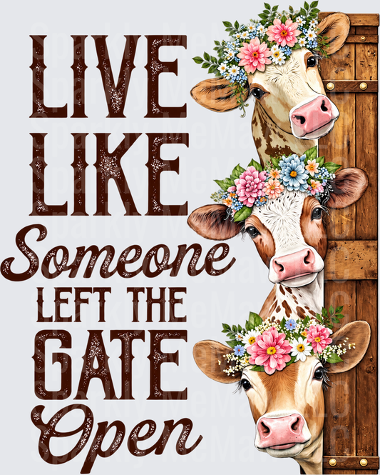 Three Floral Crown Cows Peeking Gate is a DTF Transfer for Fabrics