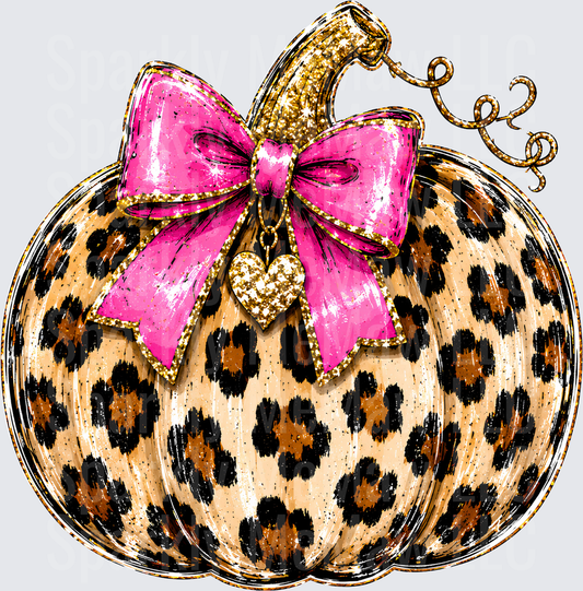 Leopard Print Pumpkin with Pink Glitter Bow and Gold Heart Charm DTF Transfer for Fabrics