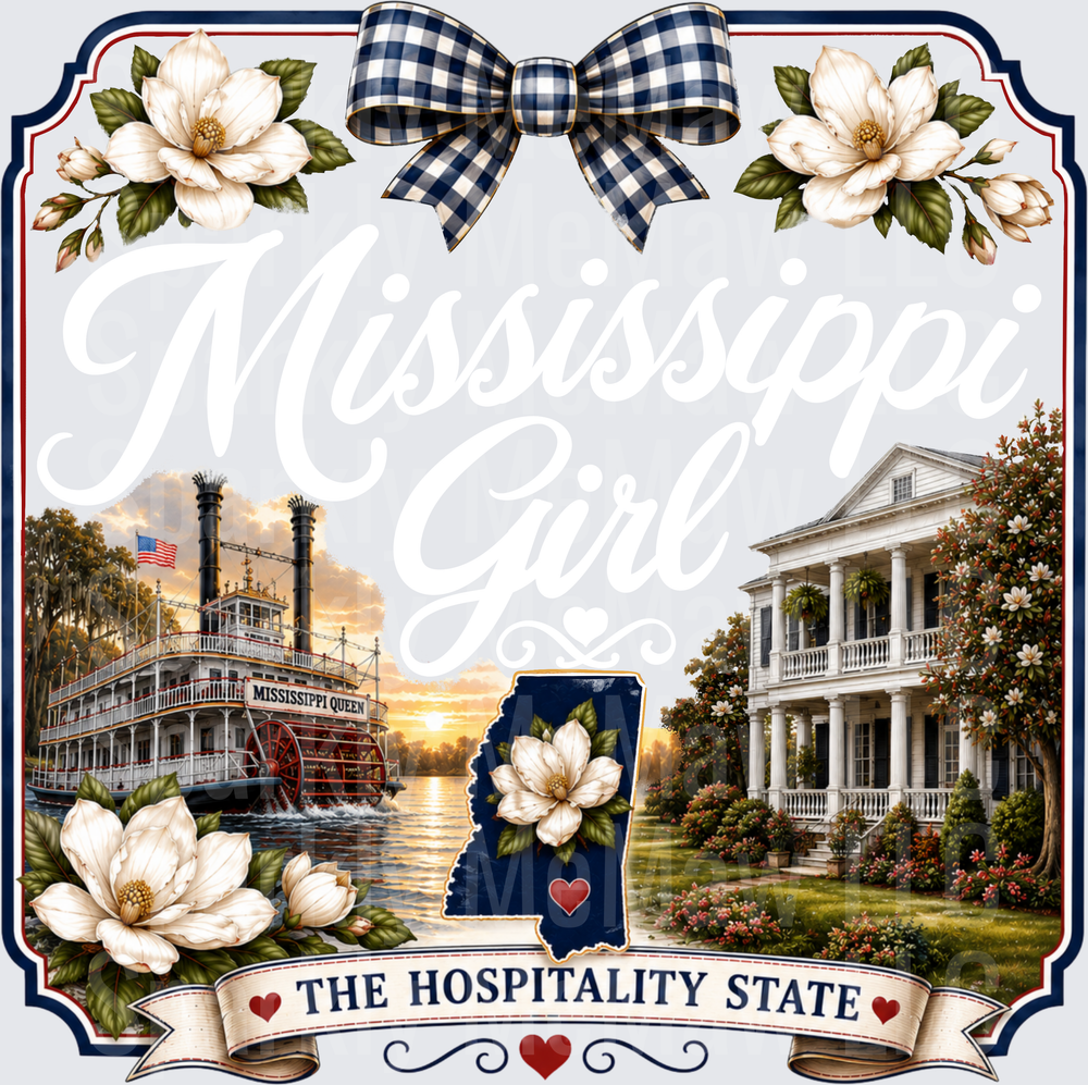 Mississippi The Hospitality State Patriotic Frame with Mississippi Queen Riverboat Southern Plantation Magnolia Flowers Navy Buffalo Plaid Bow State Silhouette DTF Transfer for Fabrics