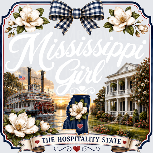 Mississippi The Hospitality State Patriotic Frame with Mississippi Queen Riverboat Southern Plantation Magnolia Flowers Navy Buffalo Plaid Bow State Silhouette DTF Transfer for Fabrics