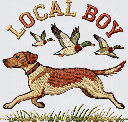 Local Boy Embroidery Style Labrador Retriever Running with Mallard Ducks Flying uv dtf decal