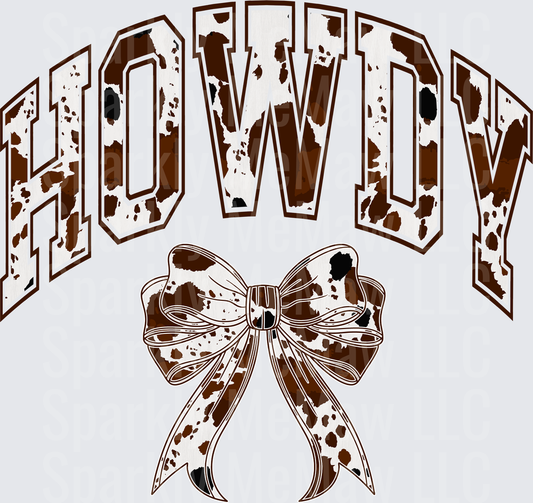 Howdy Arched Varsity Letters Brown Cow Print with Matching Bow UV DTF Decal