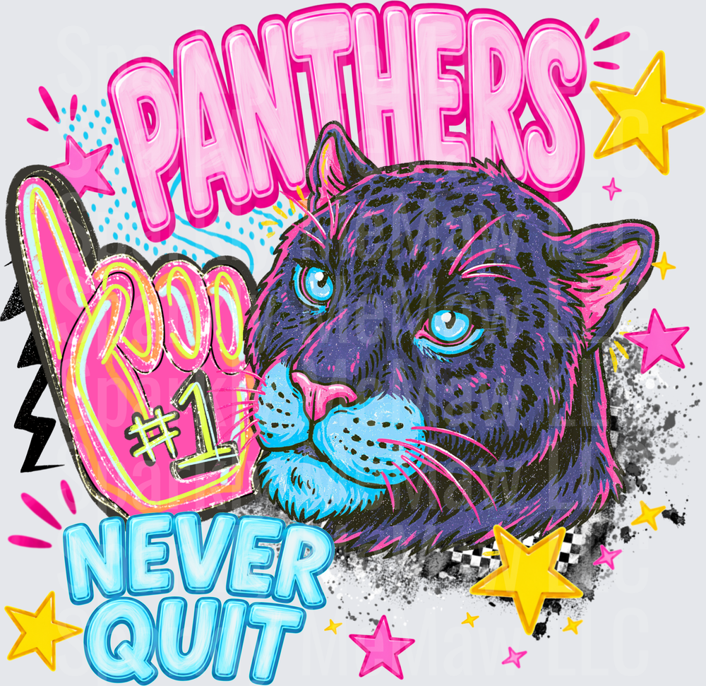 Panthers Never Quit Retro 80s Style Purple Panther with Neon Typography DTF Transfer for Fabric