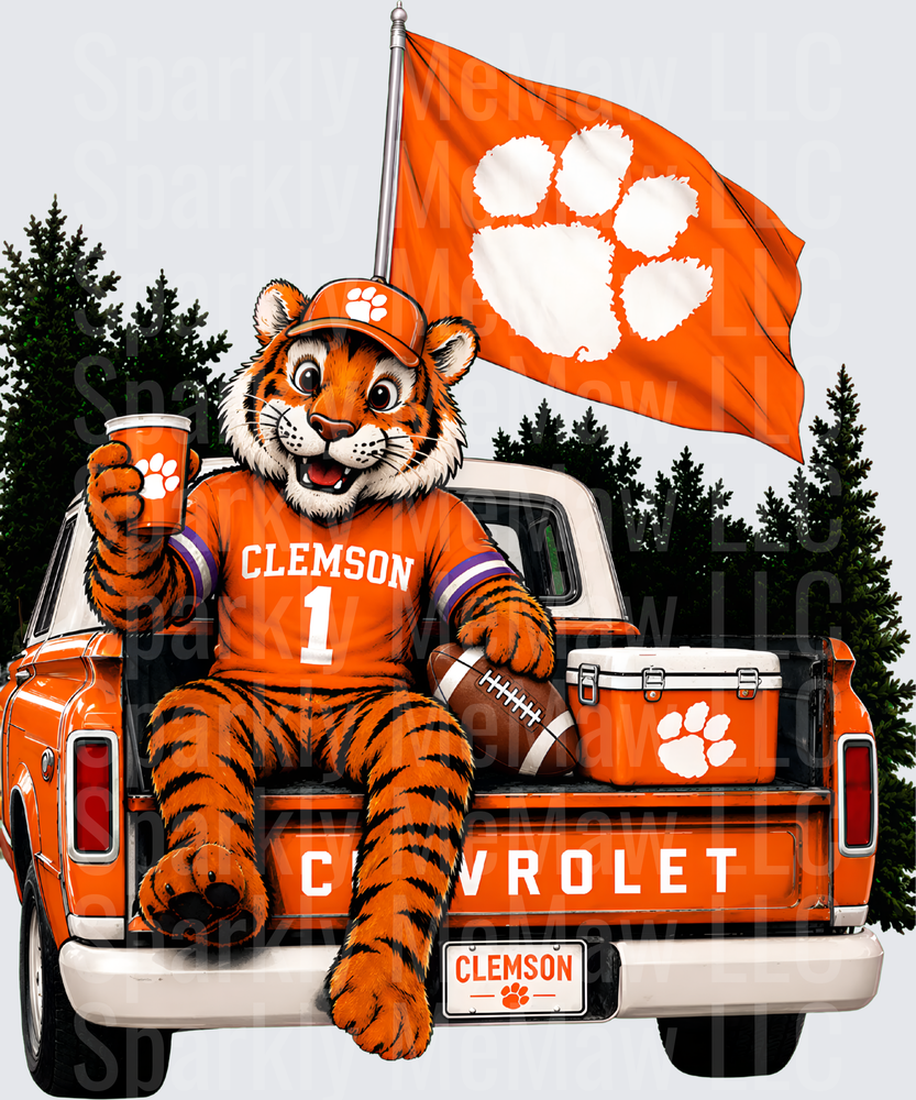 Clemson Tigers Mascot Tailgate Chevy Truck Paw Flag Football Fan DTF Transfer for fabrics