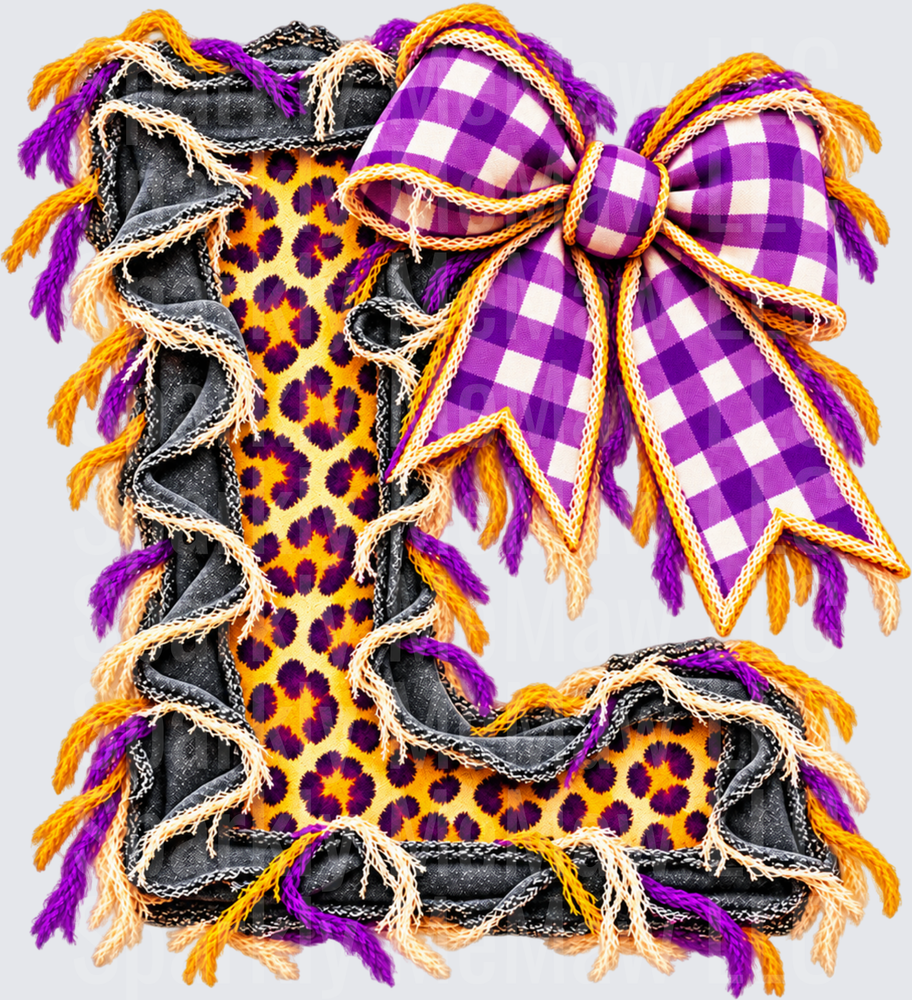 Letter L Leopard Purple Gold Bow DTF Transfer for Fabrics