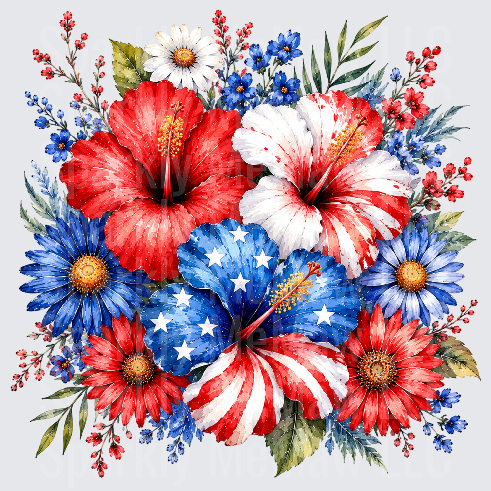 Patriotic Red White Blue Hibiscus Floral Bouquet with Stars UV DTF Decal