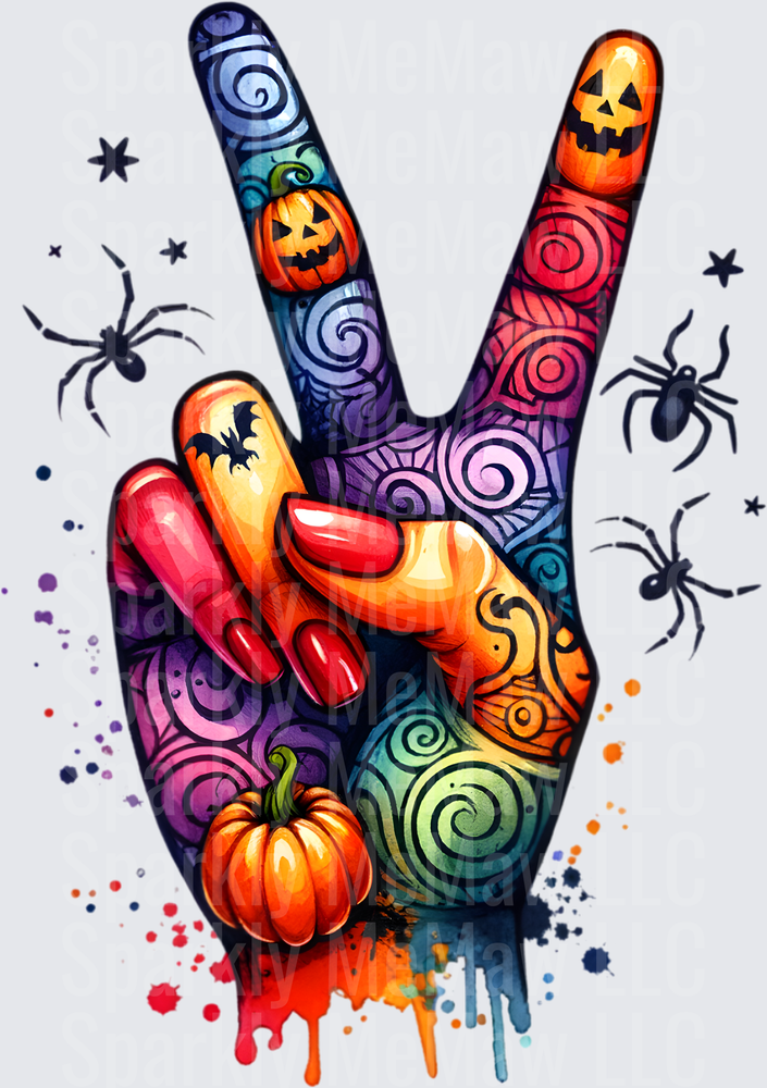 Halloween Peace Sign Hand with Jack-o-Lanterns Pumpkins Spiders and Swirls DTF Transfer for Fabric