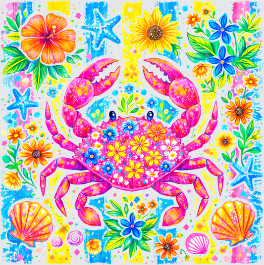 Pink Floral Crab with Tropical Shells and Starfish Summer Beach Design UV DTF Decal