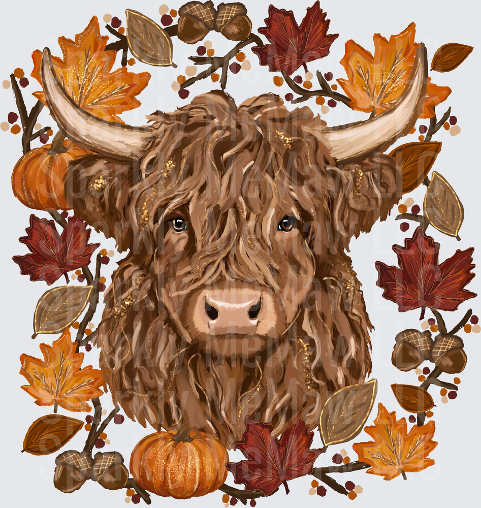 Highland Cow Fall Autumn Wreath Pumpkins Acorns Maple Leaves DTF Transfer for Fabrics