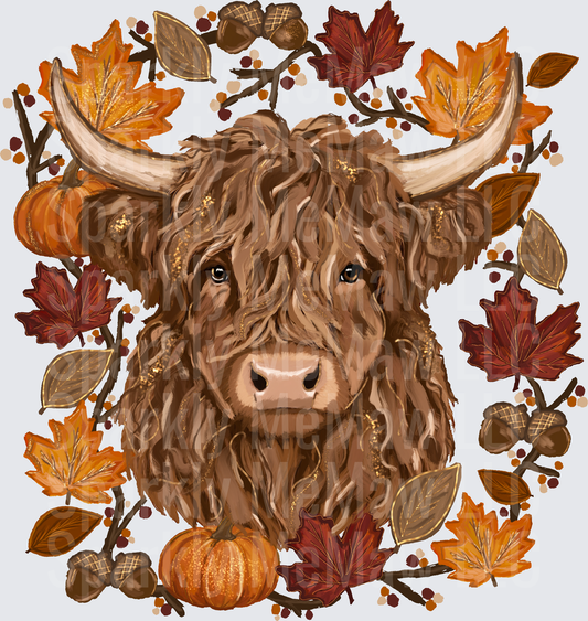 Highland Cow Fall Autumn Wreath Pumpkins Acorns Maple Leaves DTF Transfer for Fabrics