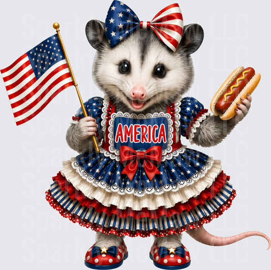 Patriotic Opossum in American Flag Dress Holding Flag and Hot Dog UV DTF Decal
