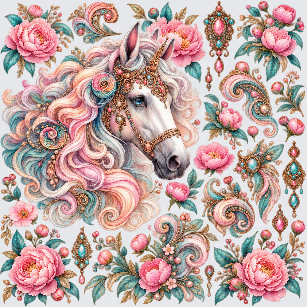 Boho Horse Peonies Jewels 10x10 Cut and Stick UV Sheet