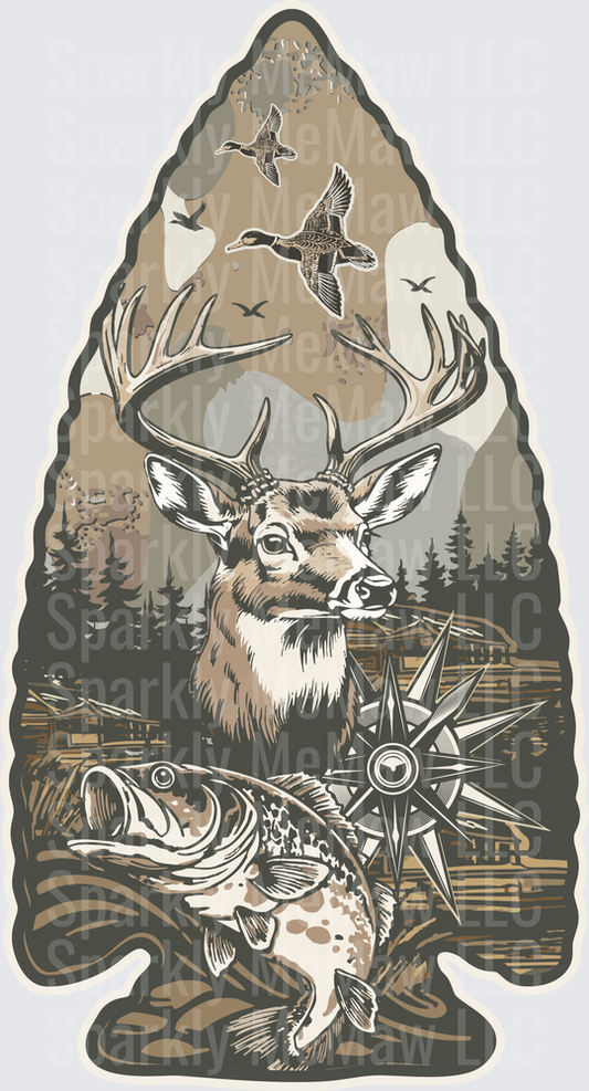 Vintage Outdoor Adventure Arrowhead with Buck Deer Fish Compass and Flying Ducks DTF Transfer for Fabric