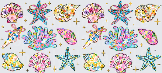 Colorful Tie Dye Seashells and Ocean Creatures UV DTF 16 oz Wrap