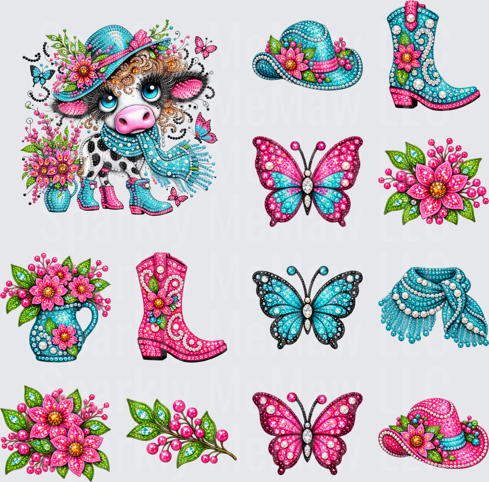 Bejeweled Western Cow Bundle – 10x10 UV DTF Cut and Stick Sheet