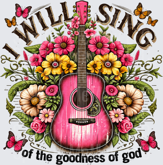I Will Sing Goodness of God Pink Guitar Floral UV DTF Decal