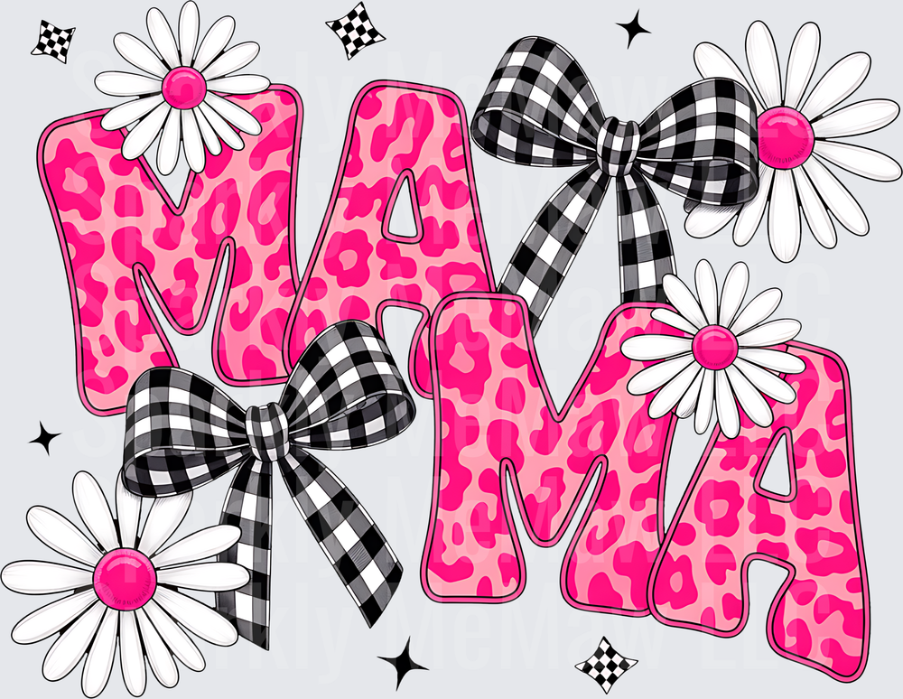 MAMA Pink Leopard Print Letters with Daisies and Gingham Bows