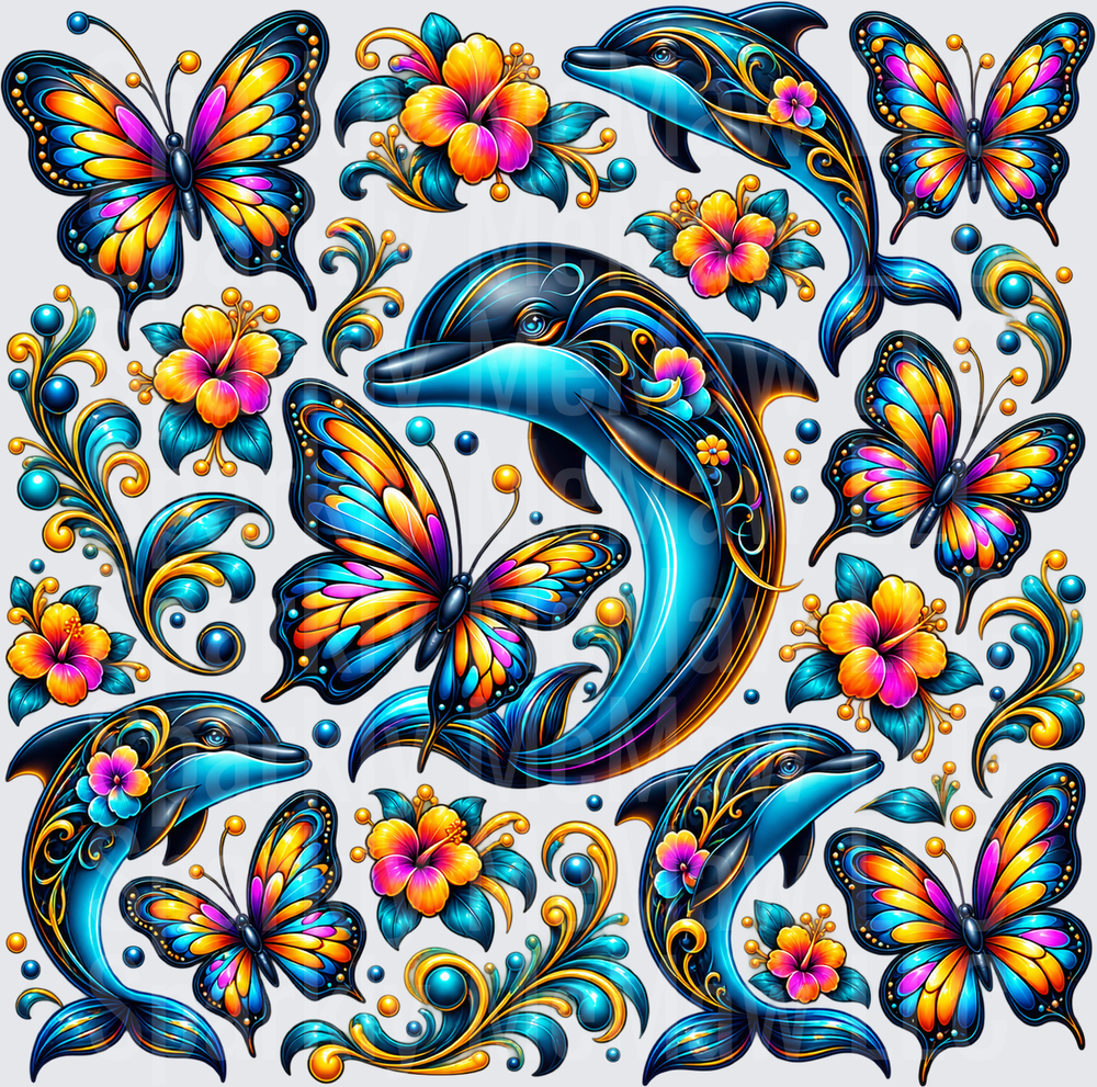 Dolphins Butterflies Tropical Floral Sheet This Is A 10X10 UV DTF Full Sheet