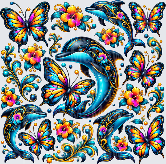 Dolphins Butterflies Tropical Floral Sheet This Is A 10X10 UV DTF Full Sheet