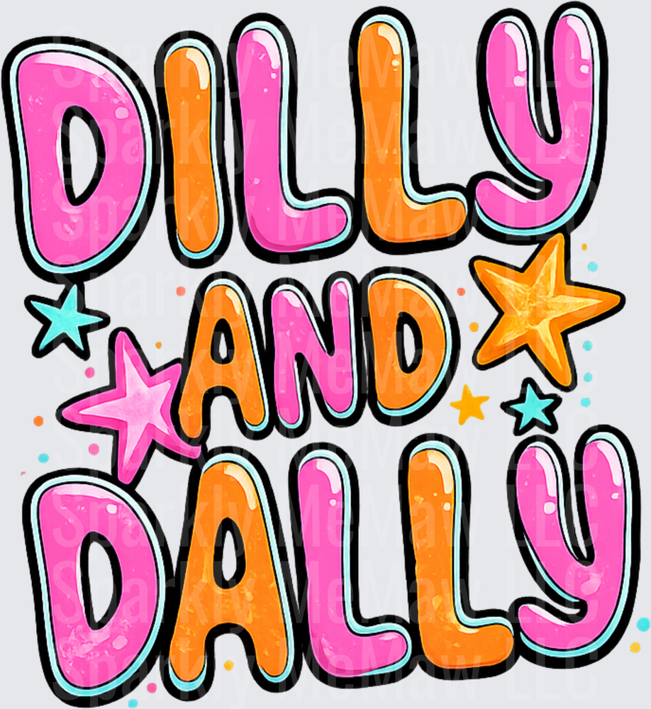 Dilly and Dally Retro Bubble Letters with Colorful Stars DTF Transfer for Fabric