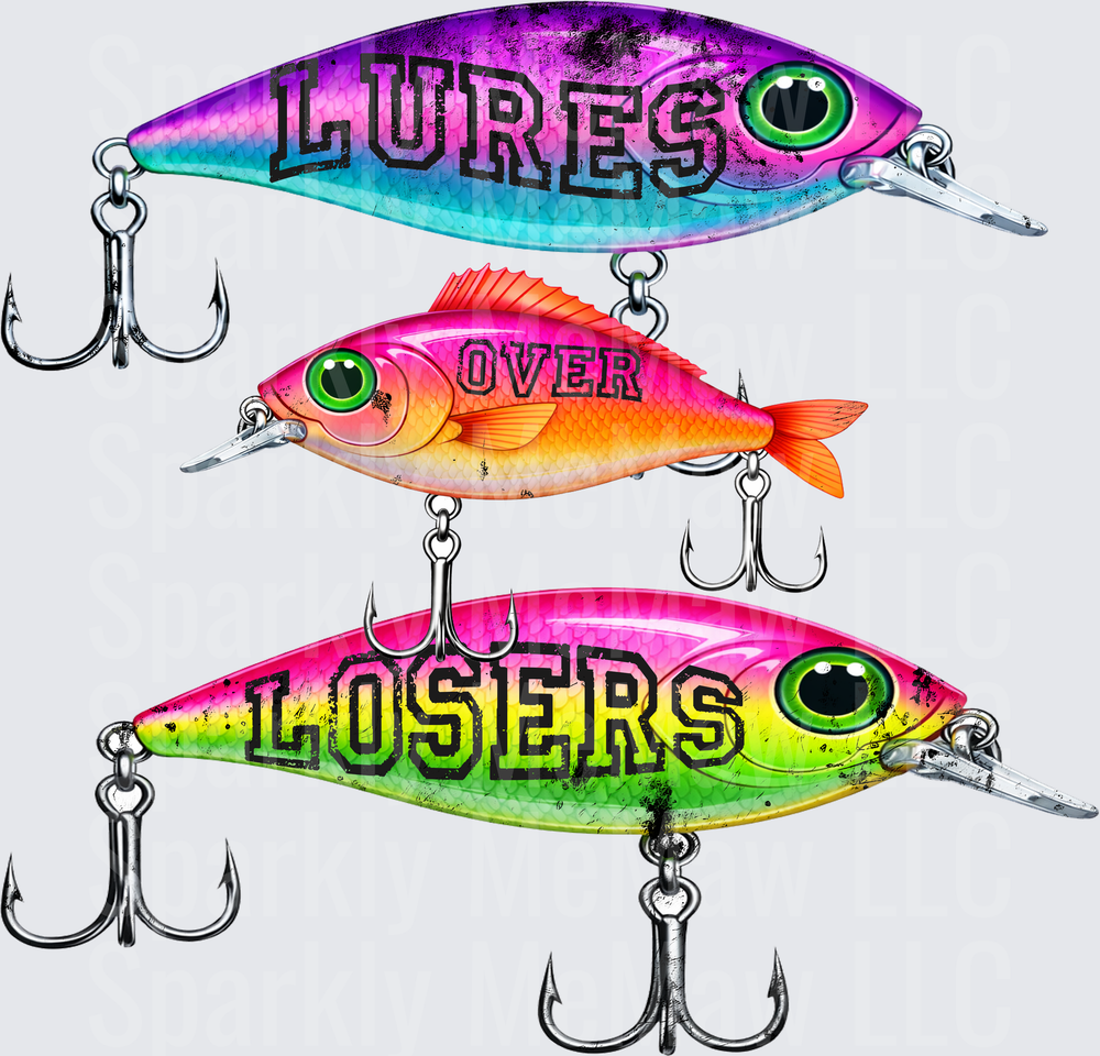 Lures Over Losers Fishing Bait Design with Colorful Fish Hooks