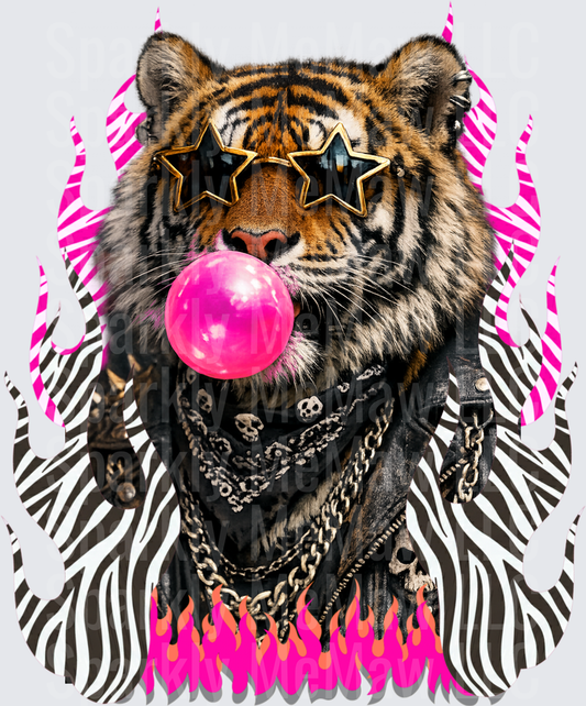 Cool Tiger Wearing Star Sunglasses Blowing Pink Bubble Gum with Leather Jacket UV DTF Decal