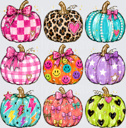 Colorful Trendy Pumpkin Bundle Pink Checkered Leopard Print Pearl Smiley Face Star Lightning Bolt Bow Hearts Halloween UV DTF 10x10 element sheet