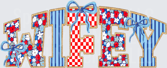 WIFEY Letters with Red White Blue Floral Patterns and Ribbon Bows UV DTF Decal