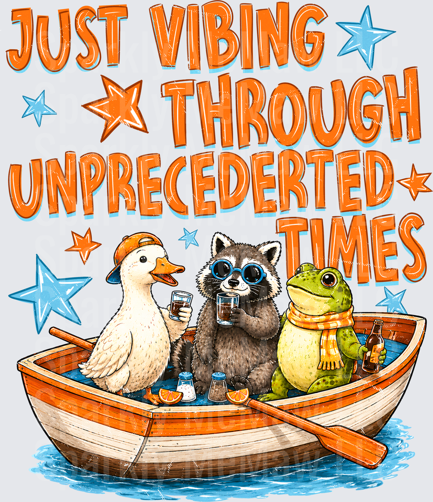 Just Vibing Through Unprecedented Times DTF Transfer - Duck Raccoon and Frog in Boat with Drinks and Stars