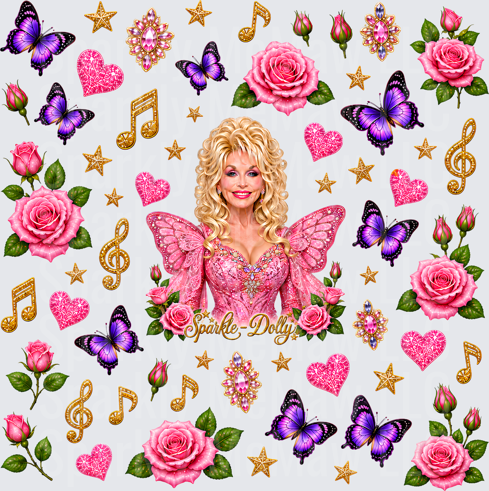 Dolly Parton Sparkle Butterfly is a 10x10 UV DTF Cut/Peel/Stick Sheet