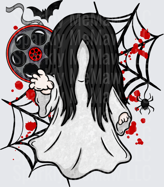 Samara Morgan The Ring Horror Ghost Holding Film Reel with Spiderwebs Bats and Blood Splatter DTF Transfer for Fabrics