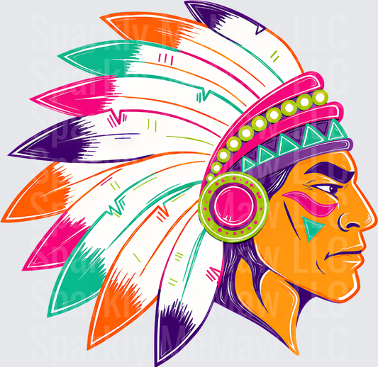 Colorful Native American Chief Side Profile with Feather Headdress and War Paint DTF Transfer for fabrics