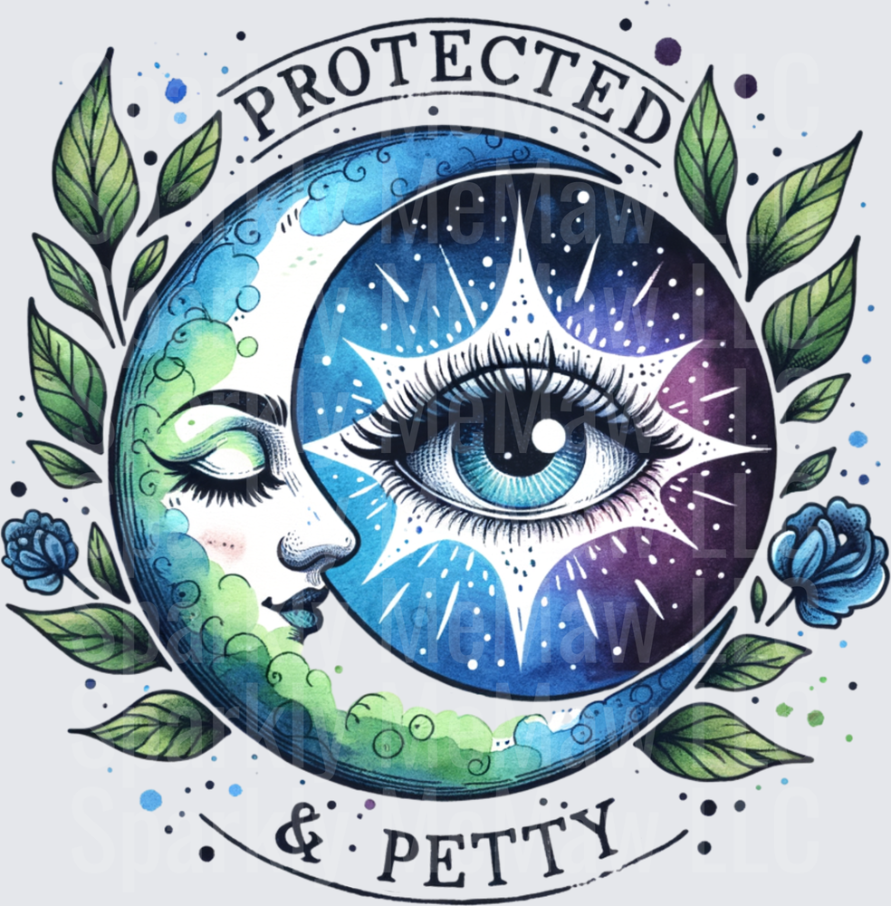 Protected and Petty Moon Face All Seeing Eye with Floral Border UV DTF Decal
