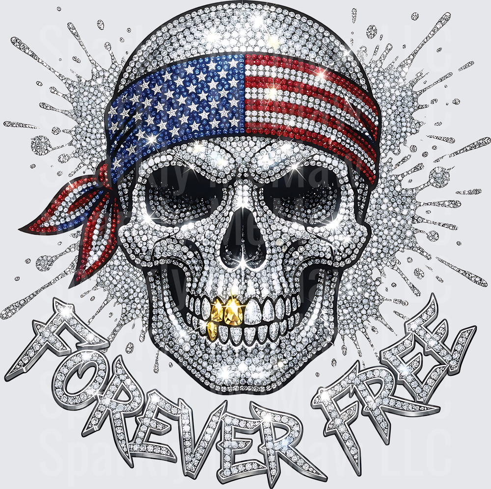 Rhinestone Skull American Flag Bandana Forever Free UV DTF Decal