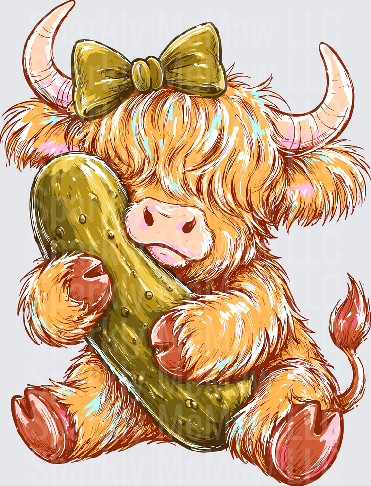 Highland Cow with Bow Holding Pickle DTF Transfer for Fabric