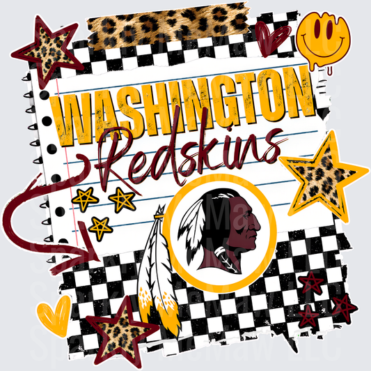 Washington Redskins Retro Checkered Leopard Star Doodle Notebook Style DTF Transfer for Fabrics