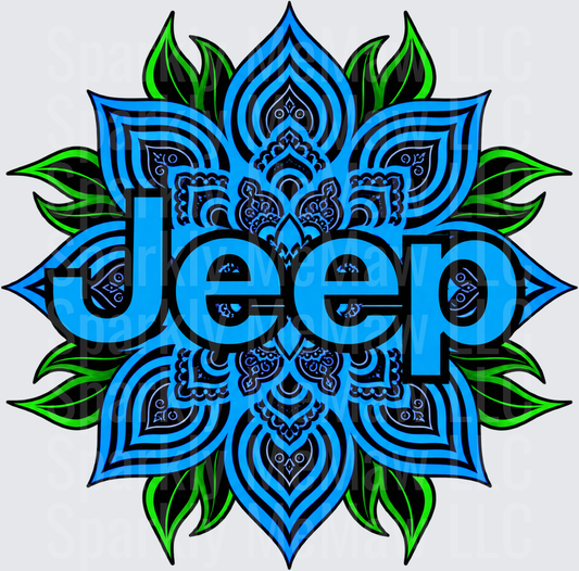 Jeep Mandala Floral Blue Green DTF Transfer for Fabrics