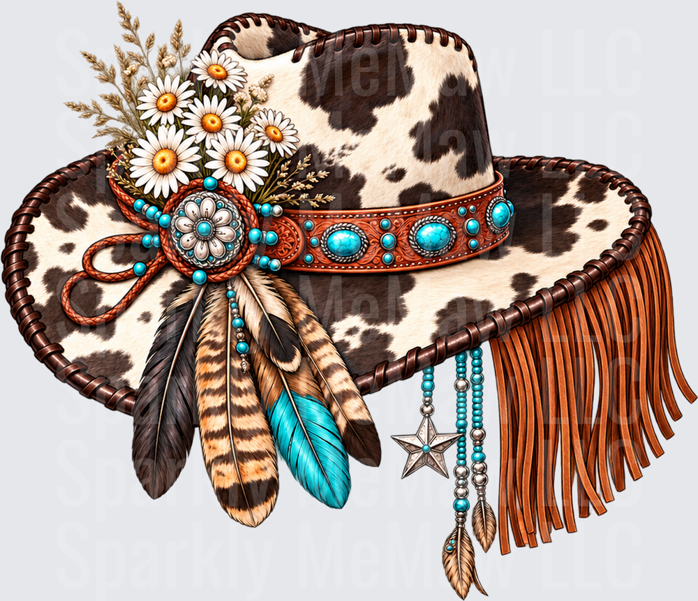 Boho Cowhide Cowgirl Hat is a DTF Transfer for Fabrics