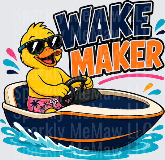 Wake Maker Cool Duck in Sunglasses Driving Speedboat with Water Splashes DTF Transfer for Fabric