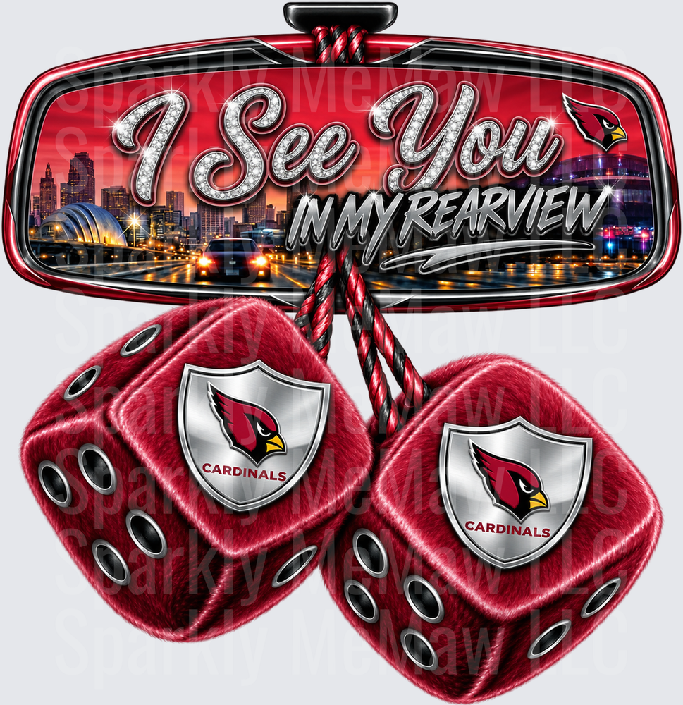 Arizona Cardinals I See You Rearview Mirror Fuzzy Dice is a UV DTF Decal