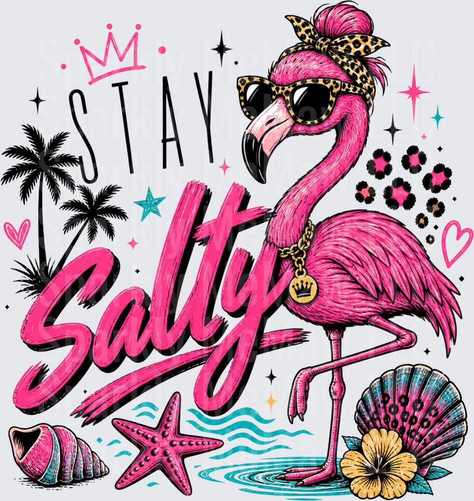 Stay Salty Pink Flamingo with Leopard Sunglasses Palm Trees and Seashells DTF Transfer for Fabric