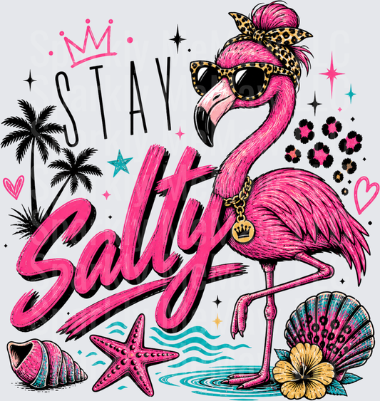 Stay Salty Pink Flamingo with Leopard Sunglasses Palm Trees and Seashells DTF Transfer for Fabric