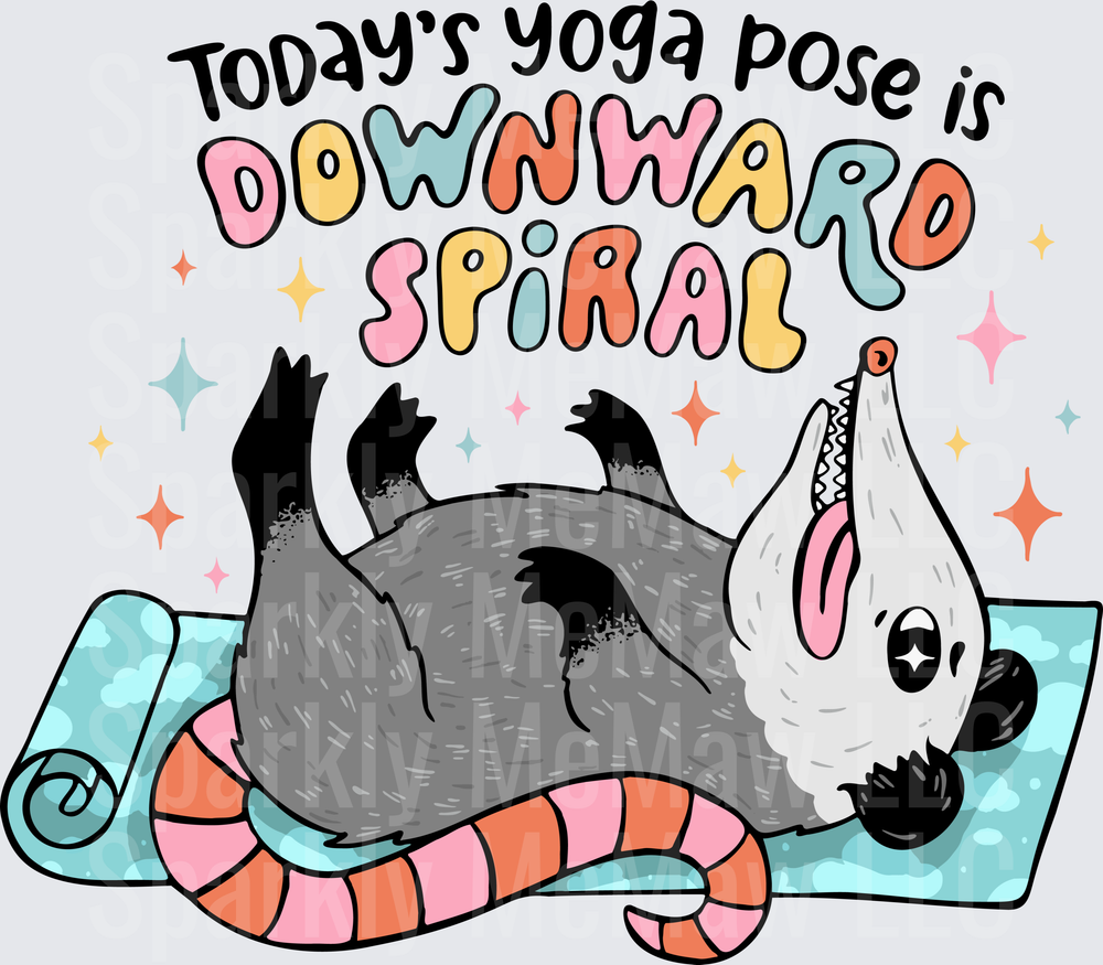Today's Yoga Pose is Downward Spiral Funny Possum on Yoga Mat Design UV DTF Decal