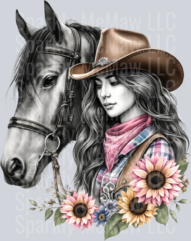 cowgirl with horse 1 Clip Art UV DTF Decal