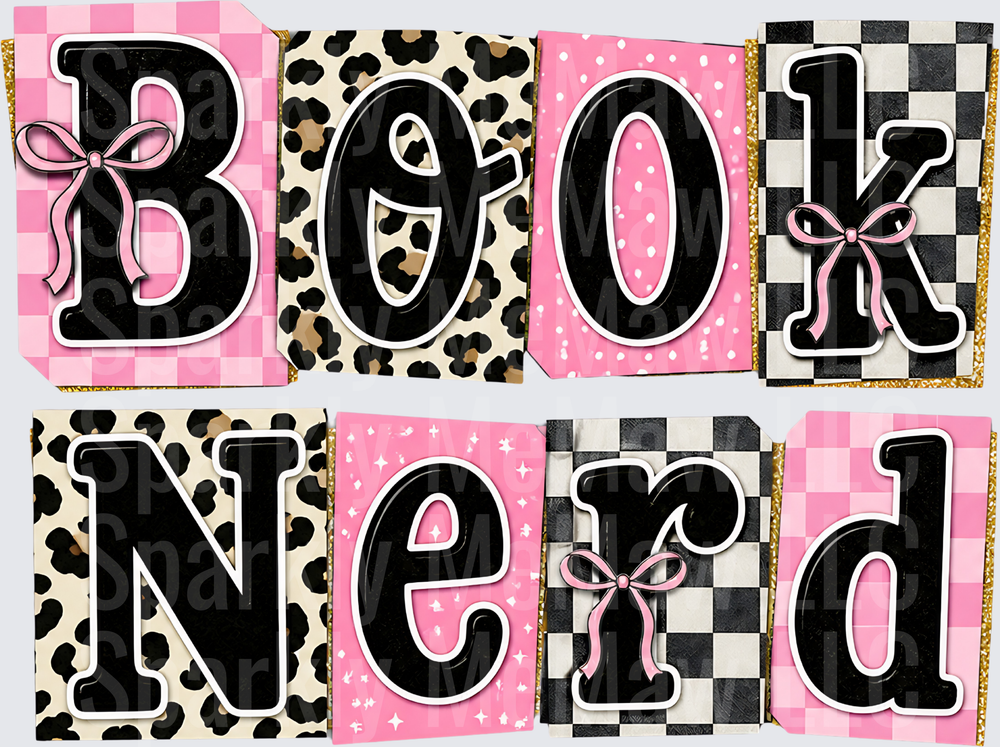 Book Nerd Pink Leopard Checkered Letter Block Design UV DTF Decal